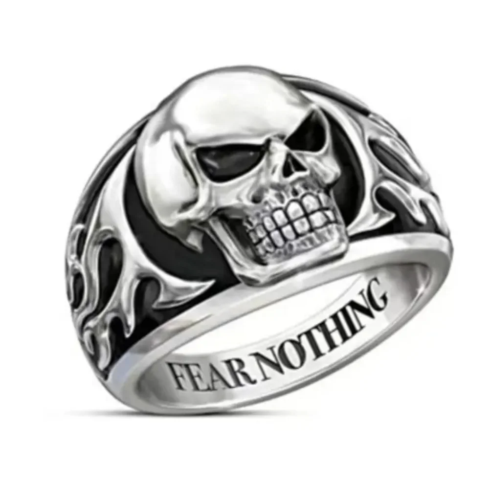 Skull Ring “Fear Nothing” Engraved Silver Tone Biker Ring Gothic Statement T1B1B